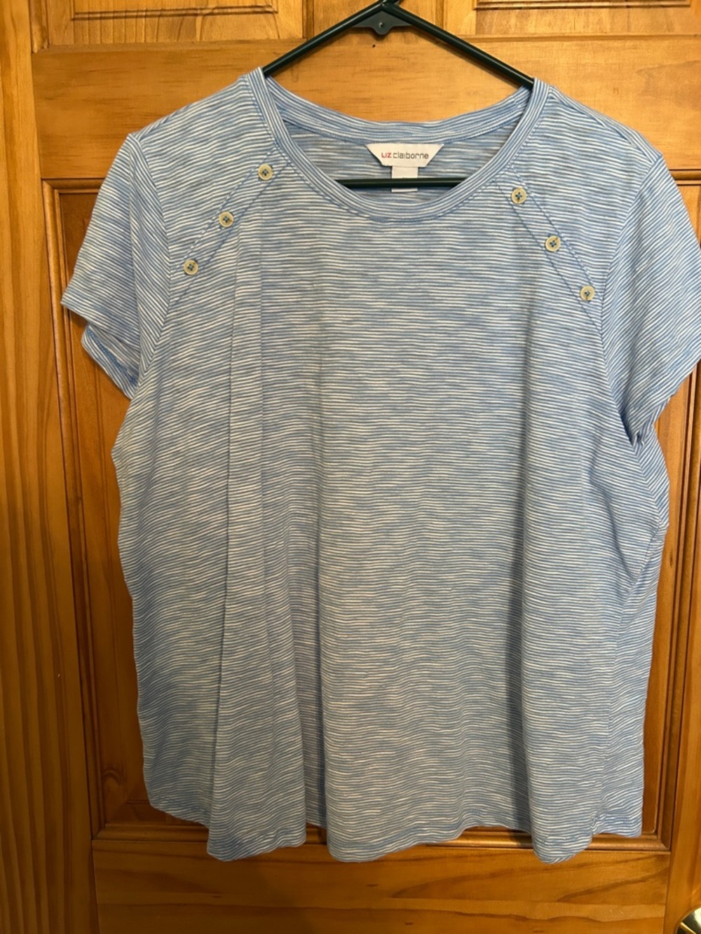 Liz Claiborne Light Blue Striped Button-Shoulder Short Sleeve Top